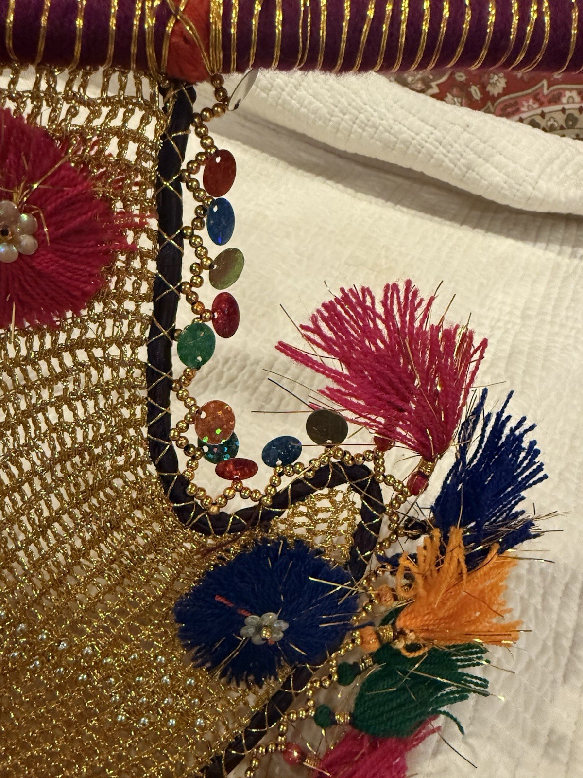 Decorative Hand Fan, golden with multi-color fringe, handmade