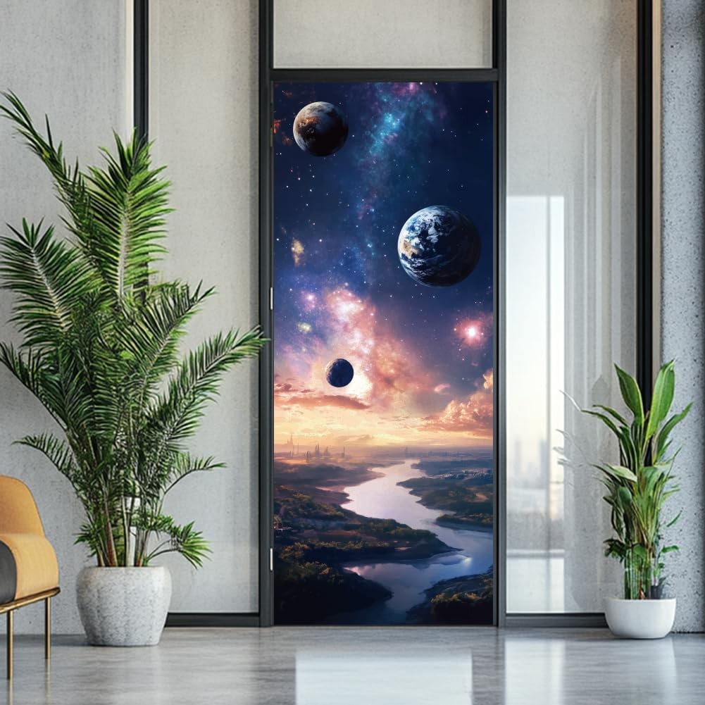 2 Sheets Planet -Adhesive Door Sticker, 31.5×78.7inch Milky Way Starry Sky Do…