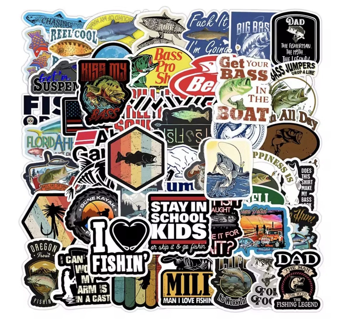 Fishing Style Stickers 50pk Funny Fishing Brand Mix Matte Sticker FREE SHIPPING