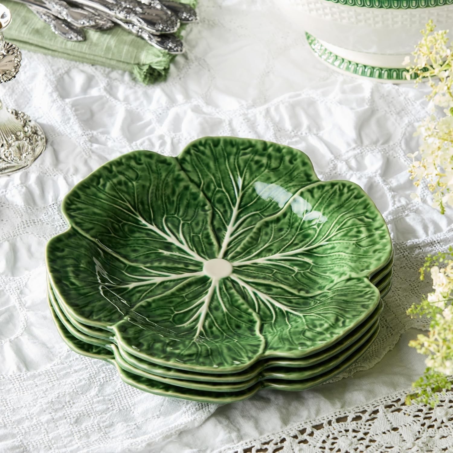 Le Jardin Cabbage 3D DINNER PLATES, SET OF FOUR -11″ Sculpted Green Stoneware…