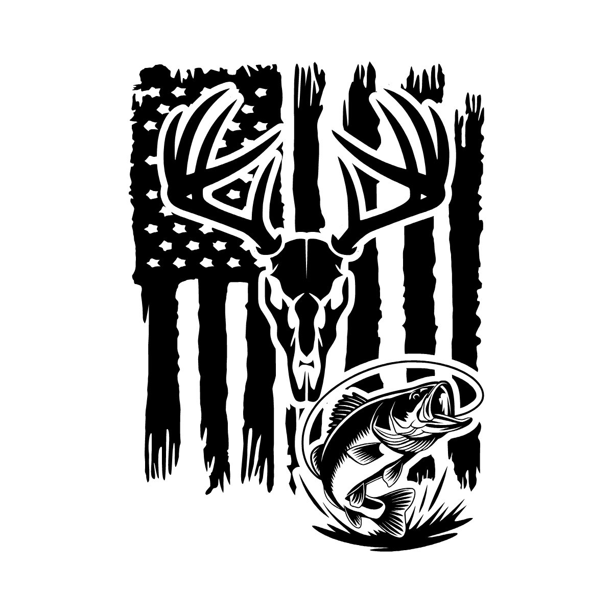 Distressed American Flag Whitetail Buck Largemouth Bass Hunt Fish Decal Sticker