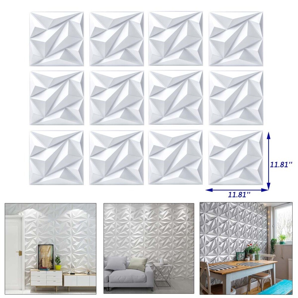 12Pcs PVC 3D Effect Wall Panels 30x30cm for DIY Wallpaper Home Decor White Color