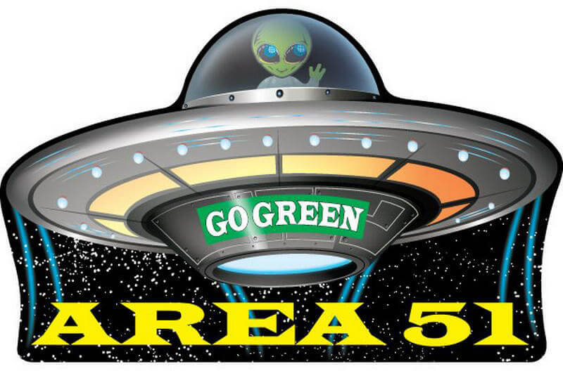 Area 51 Go Green Flying Saucer UFO – Postcard Sized Vinyl Sticker 6″ x 3.75″