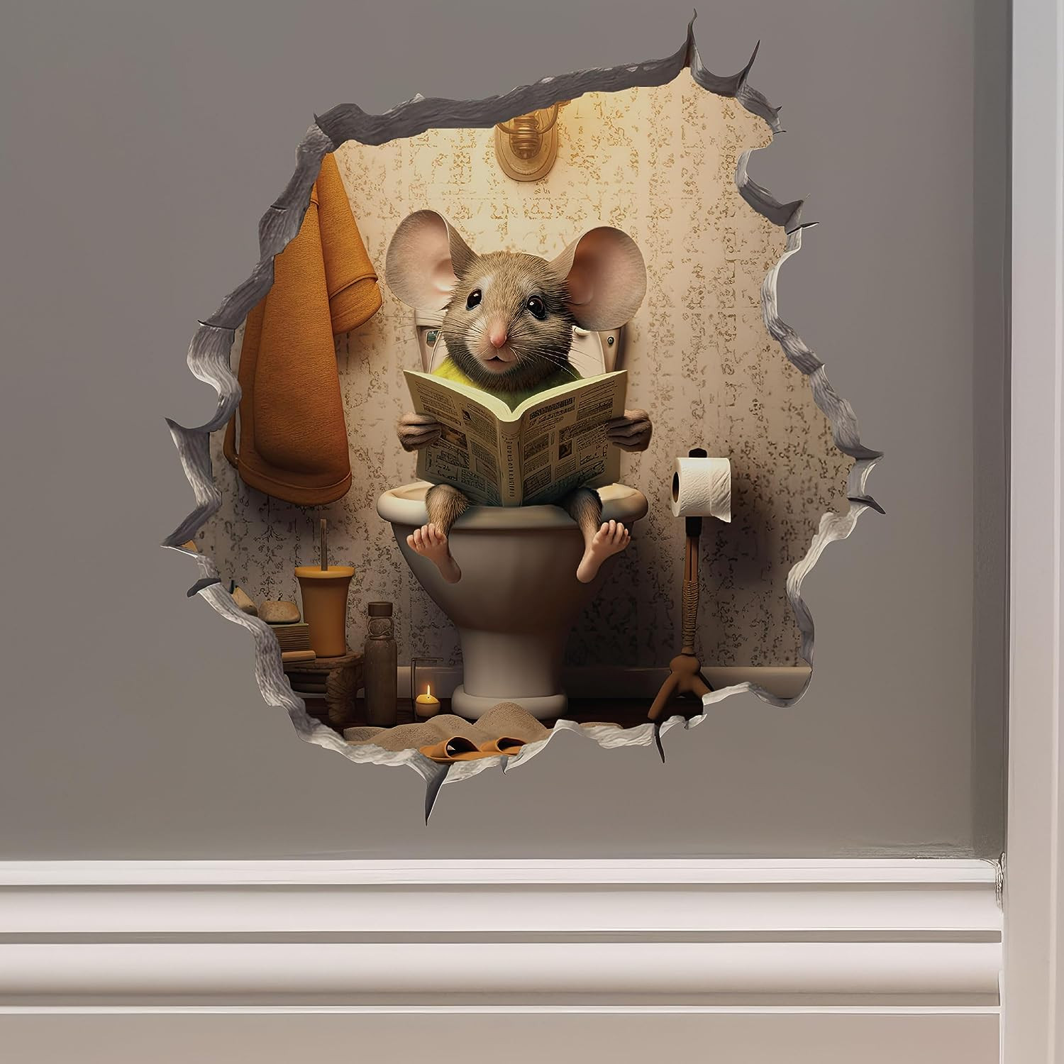 Mouse Sitting on Toilet in Mouse Hole Decal – Mouse Hole 3D Wall Sticker