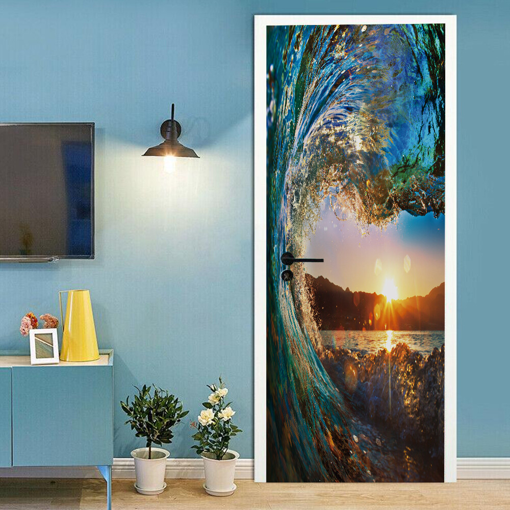 Door, Wall STICKER – Sea Wave Sunset Scenery 3D Waterproof Murals Decal Cover