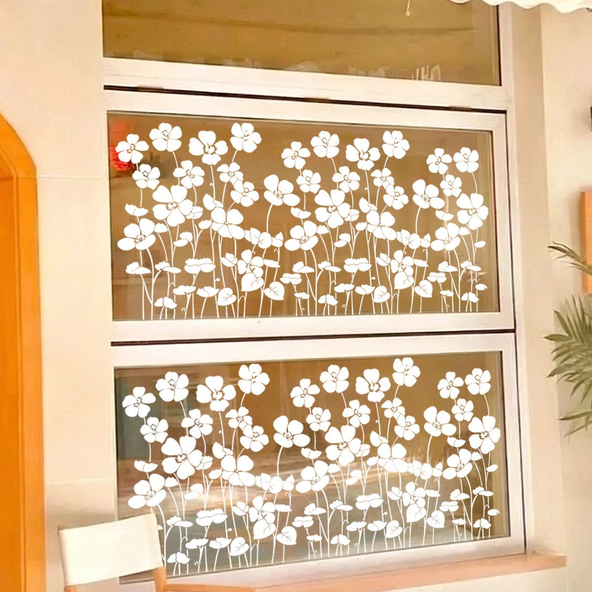Removable White Floral Window Clings PVC Material Line Art Design 30x60cm