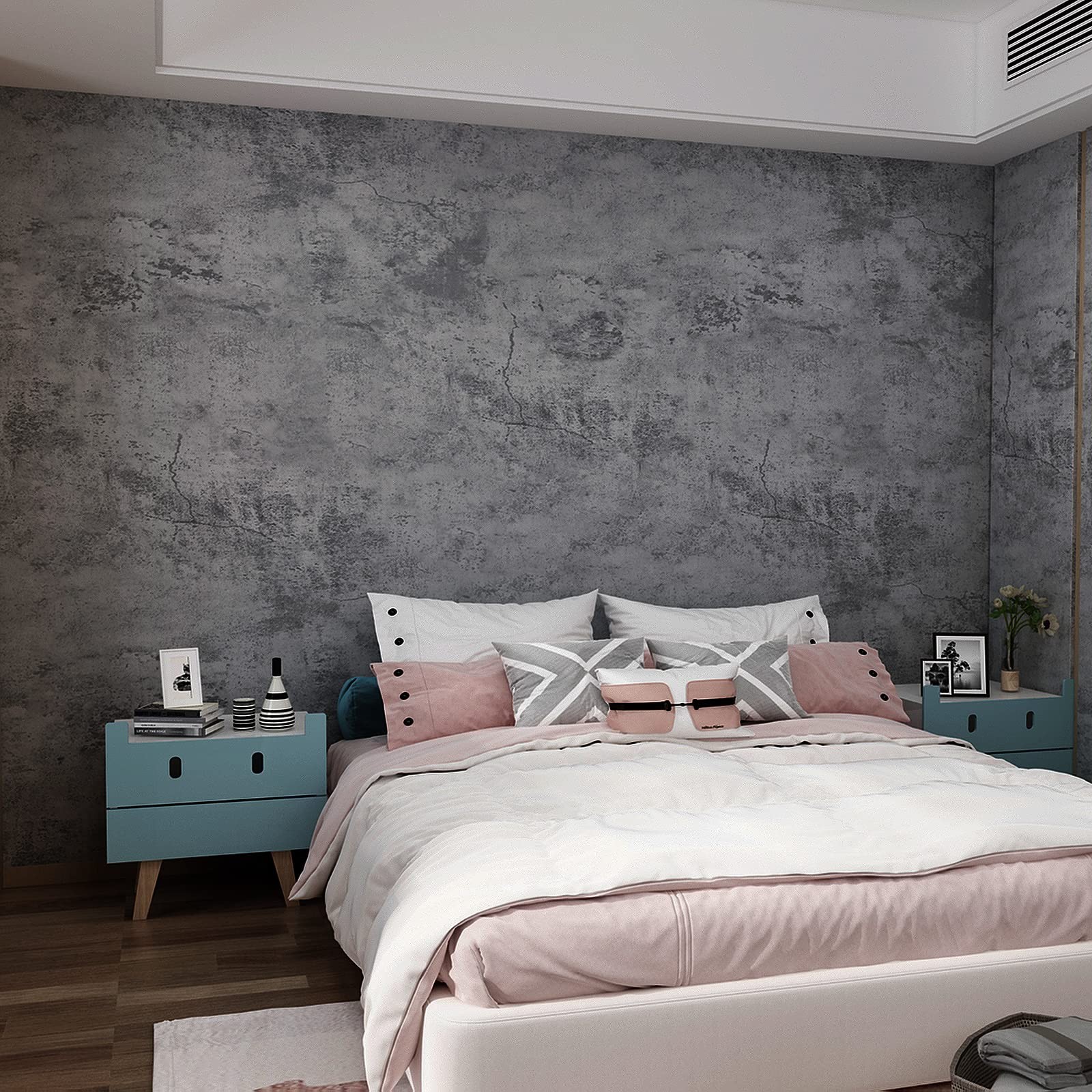 3yecao 31″×157″ Extra Thicker Light Blue Grey Black Concrete Wallpaper Peel a…