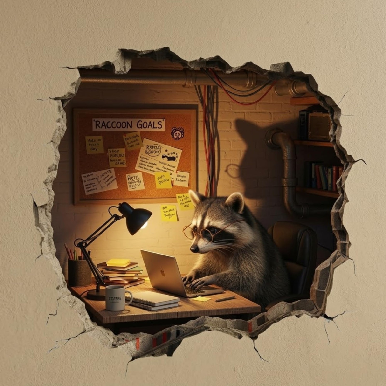 3D Wall Decal Working Raccoon with Laptop, Cracked Wall Hole Effect Office De…