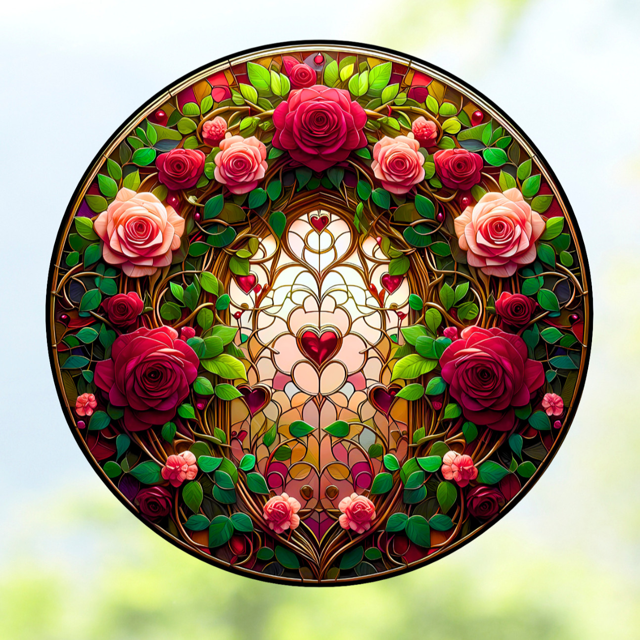 Roses & Heart Faux Stained-Glass WINDOW CLING Suncatcher Size 8″ Round