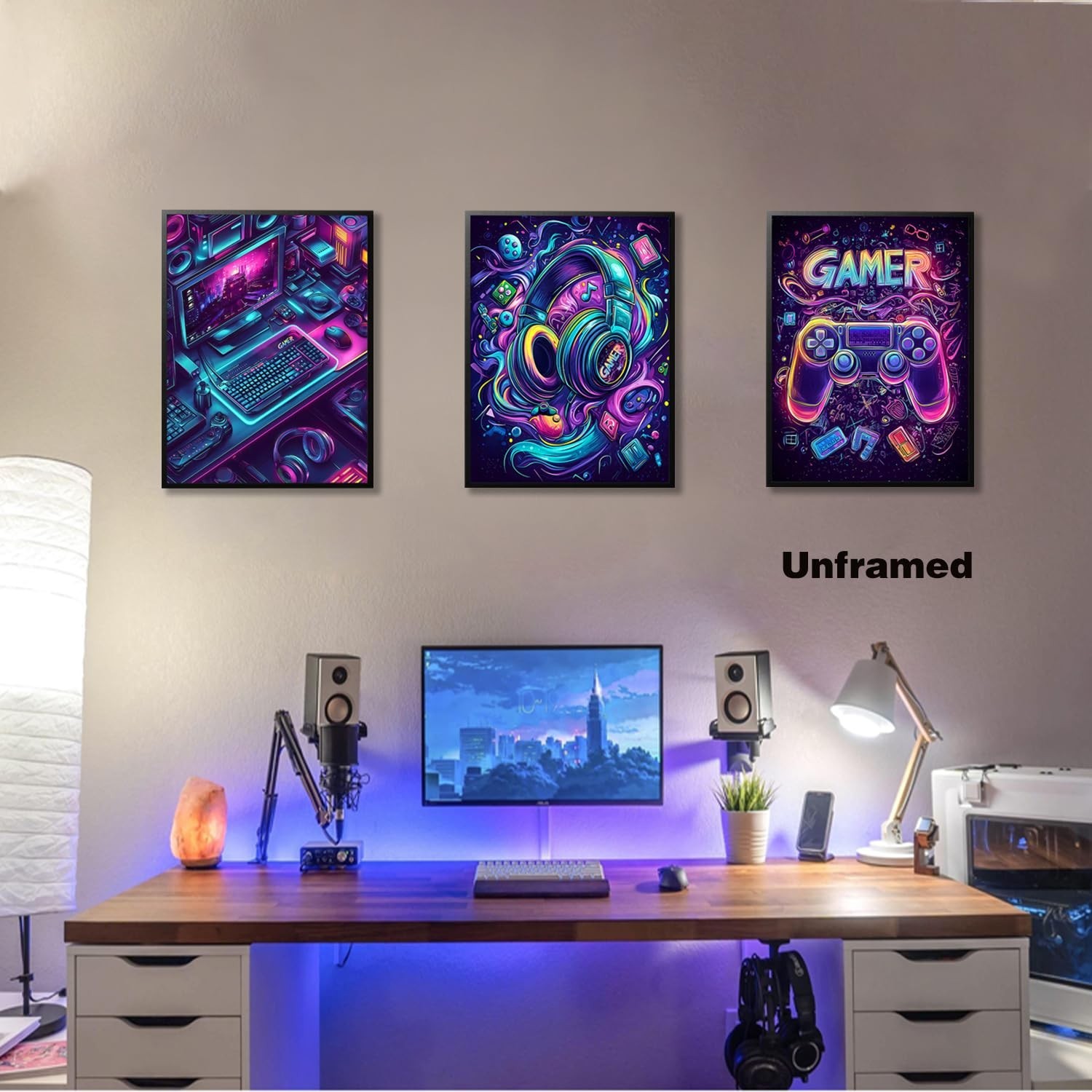 GAMER Gaming Room Canvas Wall Art Set of 3, Game Posters Wall Decor, Gamer Pa…