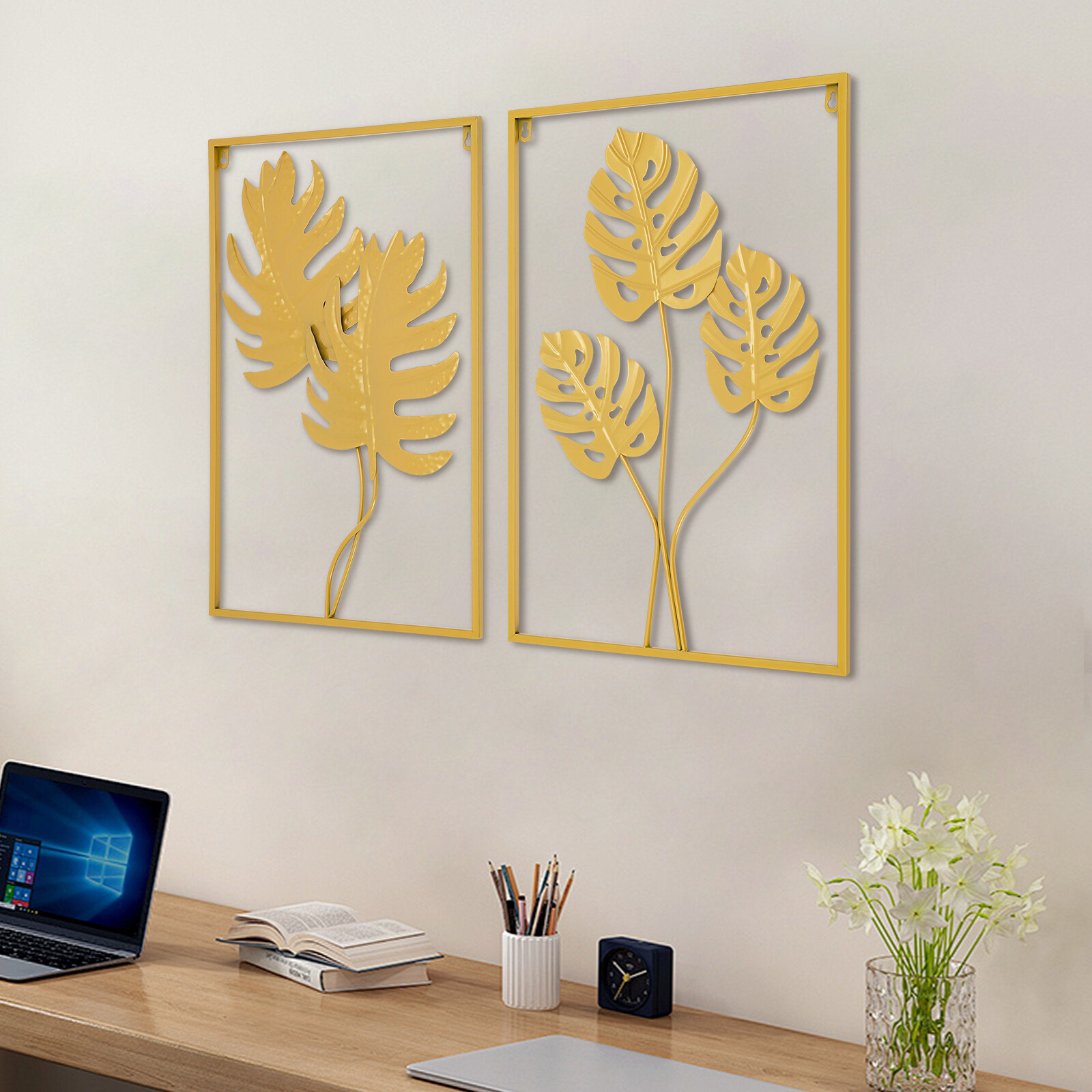 2PCS Wall Decorations Gold Iron Leaf Wall Hanging Home Decor with Frame Golden