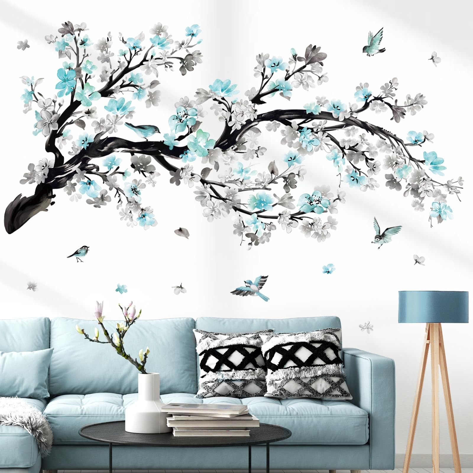 Watercolor Blue Flower Branch Wall Stickers Blossom Tree Floral Birds Peel an…