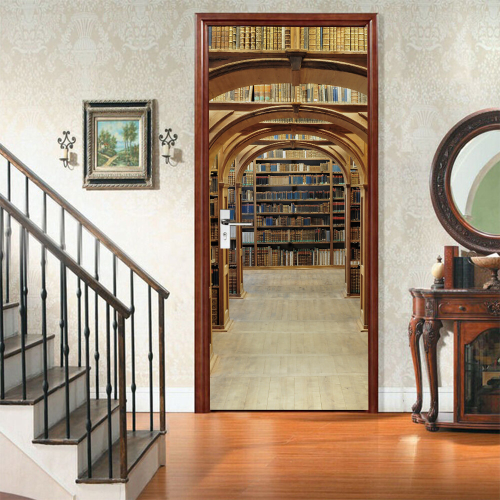 Door Sticker Library Retro Bookshelf Wall Decals Mural 3D Waterproof Wallpaper
