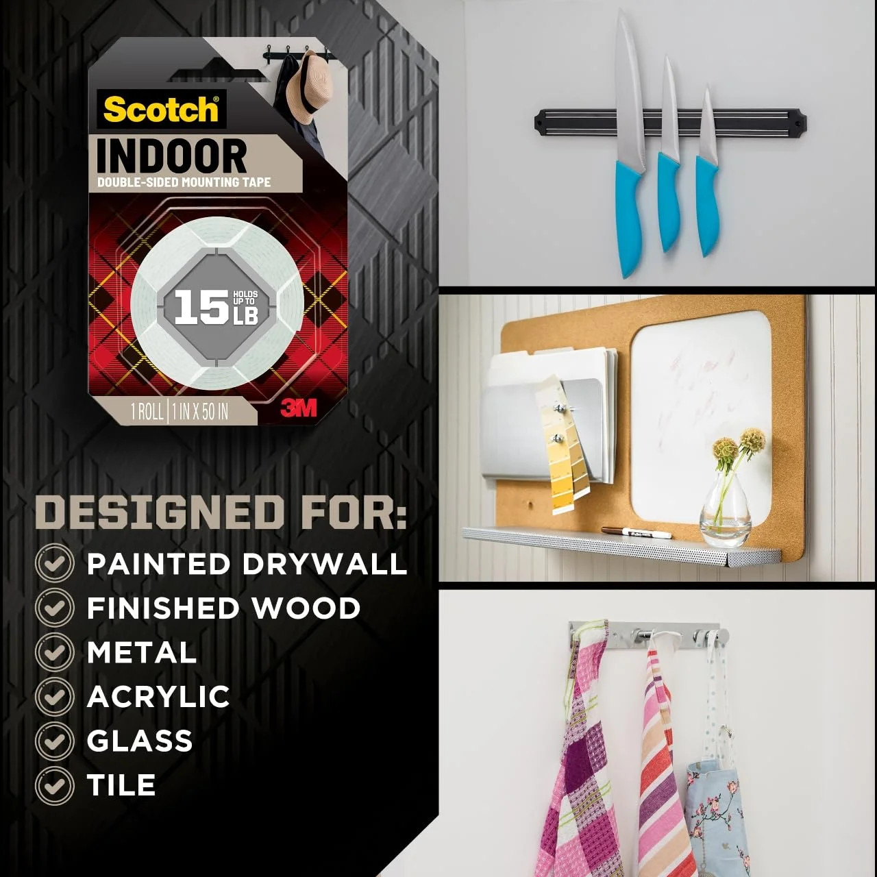 Scotch Indoor Double-Sided Mounting White Tape, 1/2 in x 80 in, Features 3M Indu