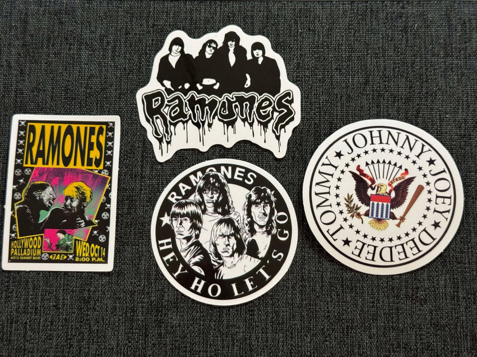 Lot (4) THE RAMONES 1 3/4″ to 2 5/8″ Band Logo STICKERS Fast! FREE SHIP! JOEY