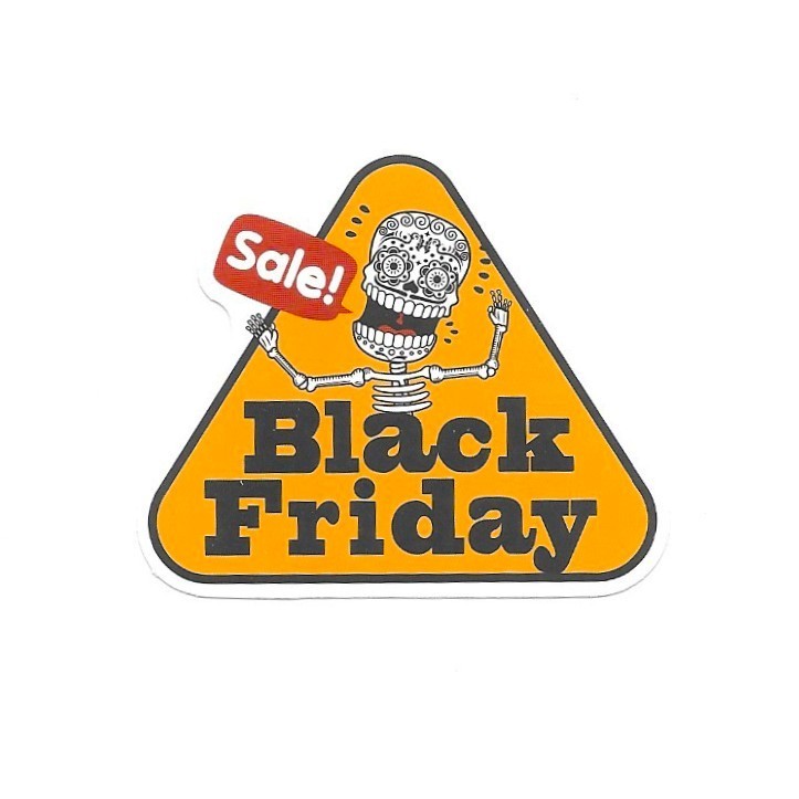 Black Friday Sign Vinyl Sticker Funny Warning Caution Skeleton Sale Laptop Mug