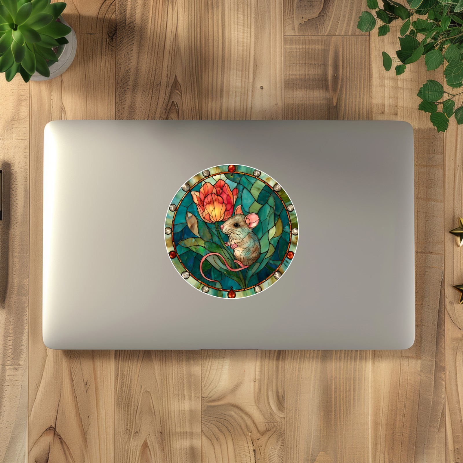 Woodland Mouse Tulip Flower Stained Glass Style Opaque Vinyl Sticker Decal