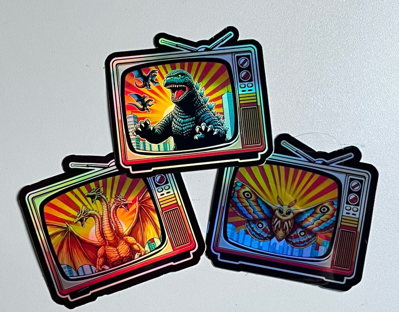 Godzilla Retro Tv Set Holographic Vinyl 3 Inch Sticker Pack Of 3