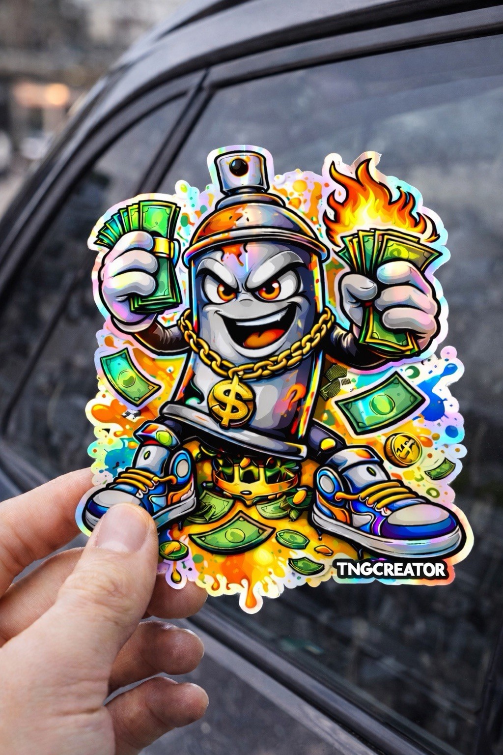 Graffiti Spray Can Money Sticker | Holographic Vinyl Street Art Sticker | 3 Inch