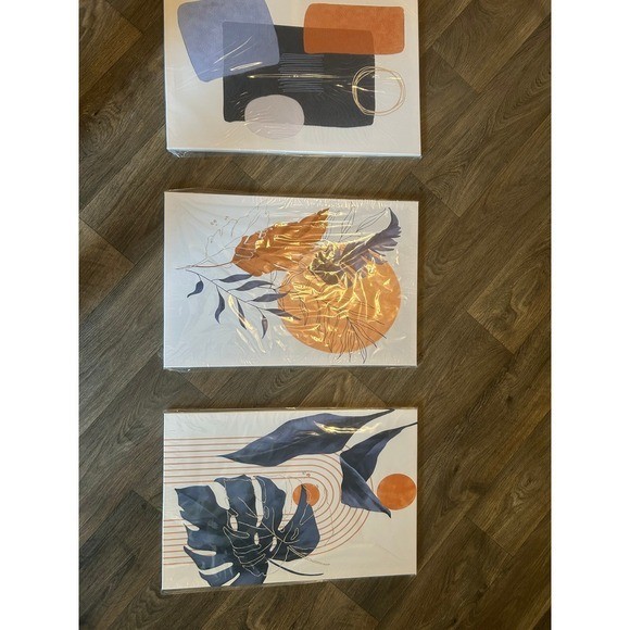 Blue and Orange BOHO Wall Art – 3 piece set Bohemian, earthy toned, wall art.