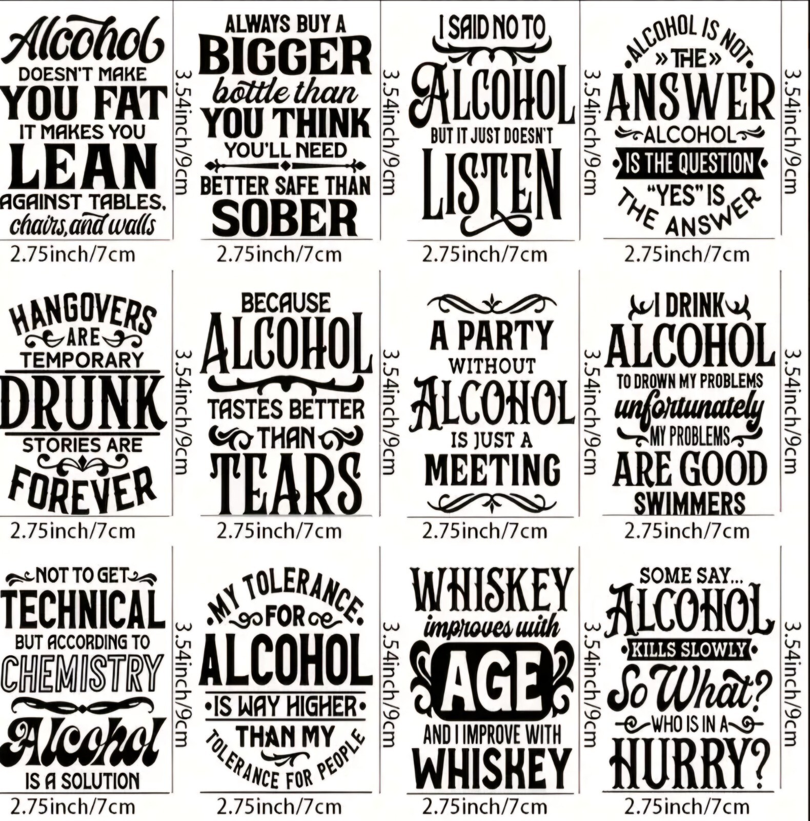 UV DTF Sarcastic Drinking Alcohol Transfer Sticker Set 12 Decals 3 Inch X 2.75