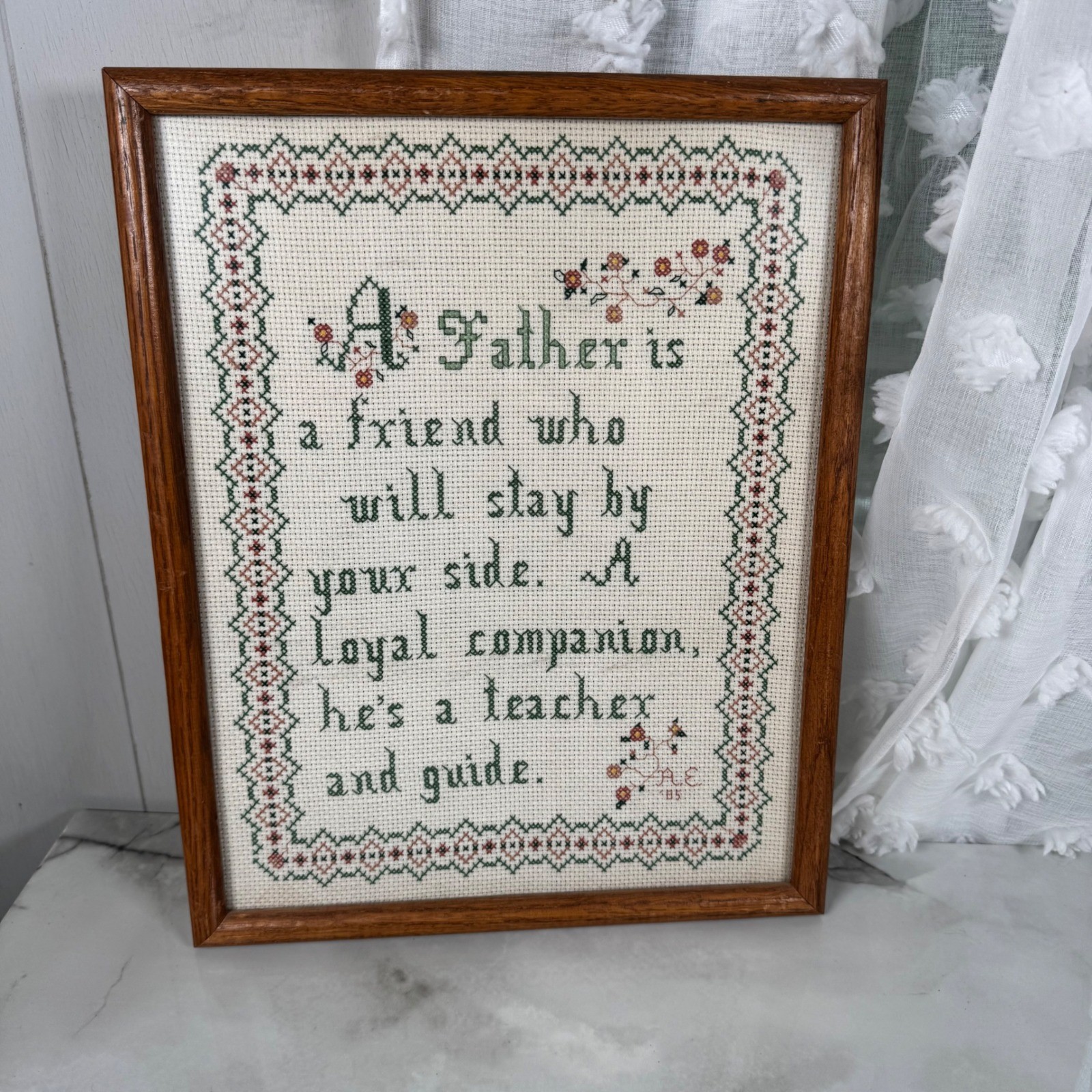 Vintage 1985 Finished Cross Stitch A Father is a Friend Poem Framed Father’s Day