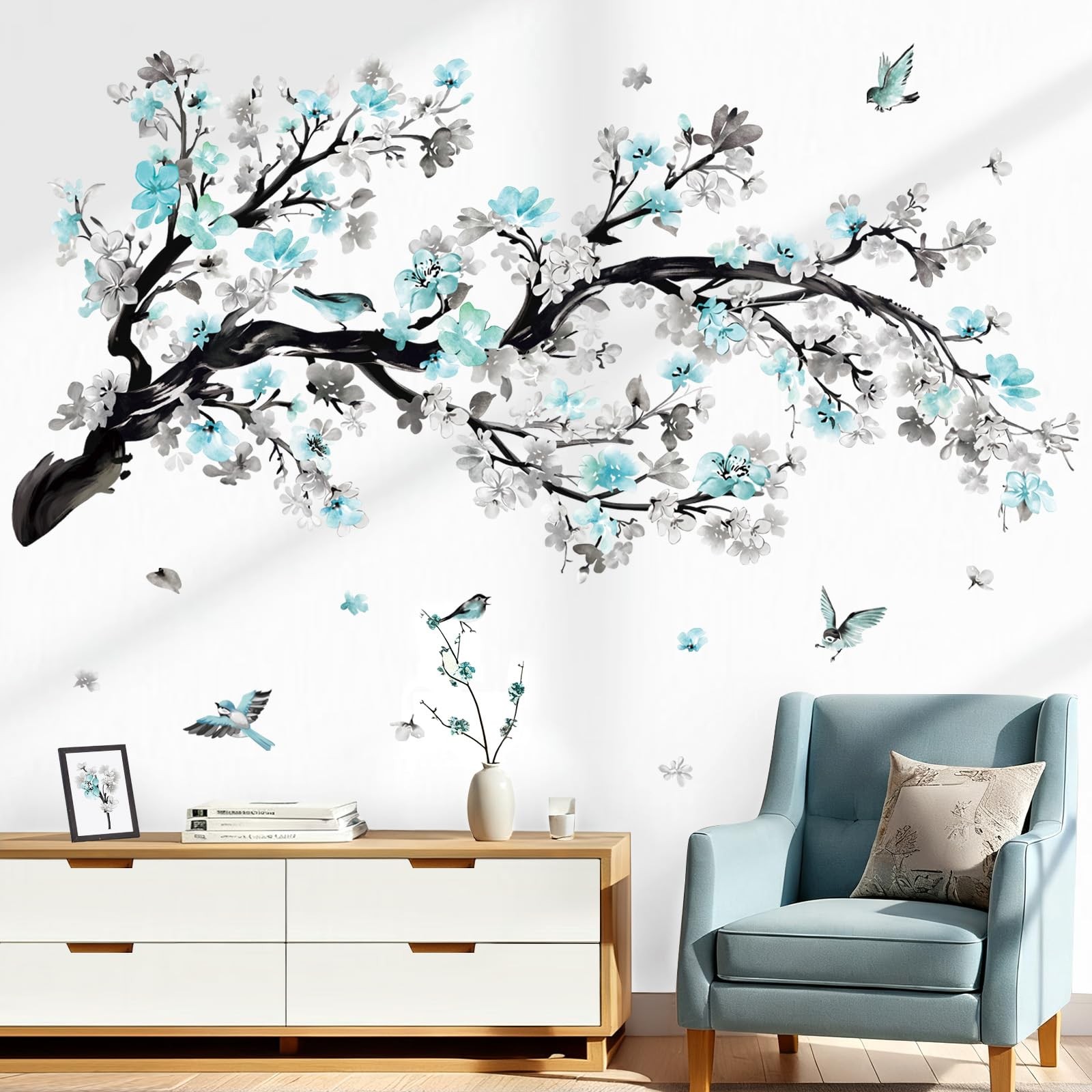Watercolor Blue Flower Branch Wall Stickers Blossom Tree Floral Birds Peel an…