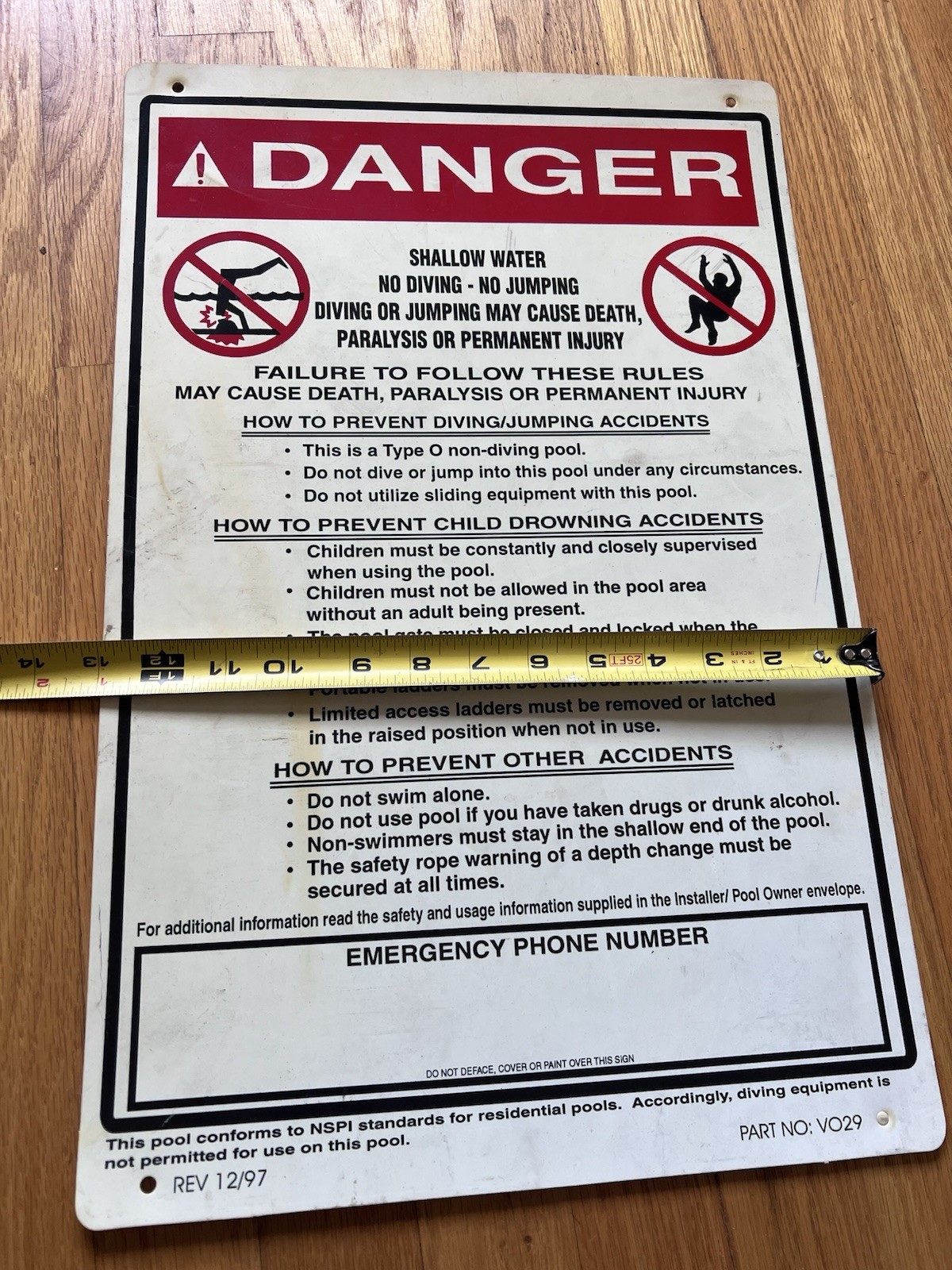 Danger NO Diving Shallow Water LARGE Pool Safety Sign School Park Apartment
