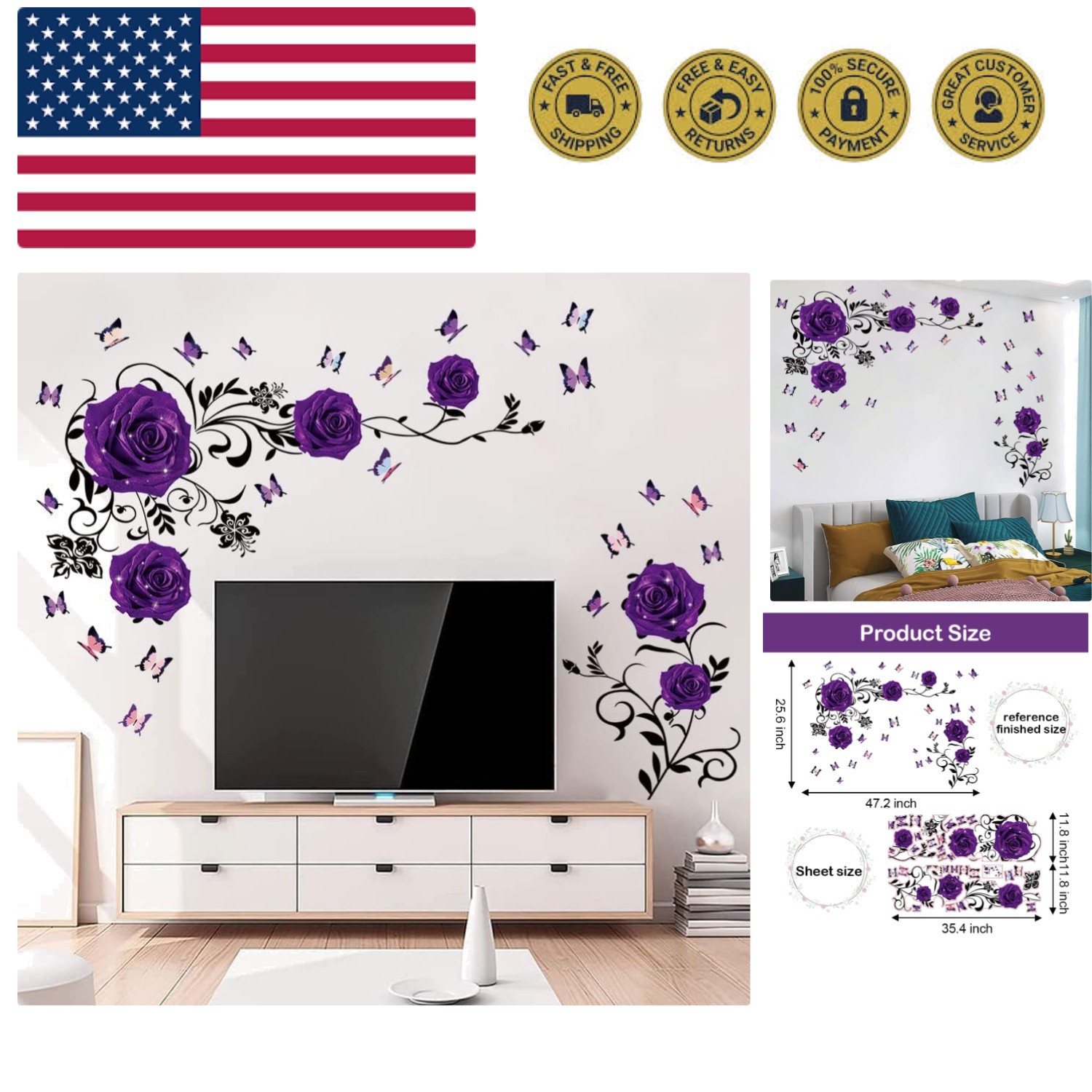 Purple Rose Wall Stickers Rose Flower Vine Wall Decal Purple Peony Floral Wal…