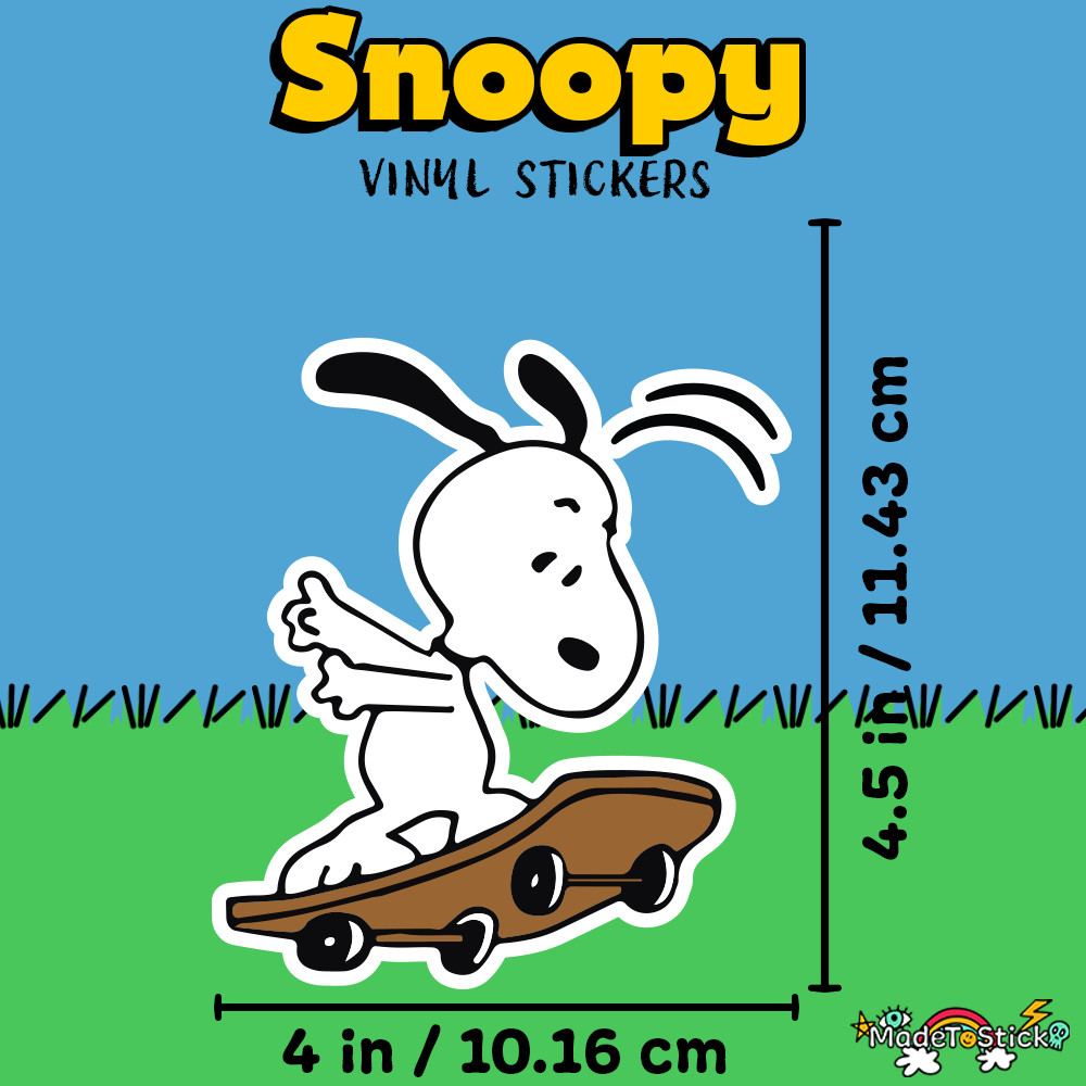 Peanuts Snoopy playing with a skateboard, cute and fun sticker 4″W x 4.5″H