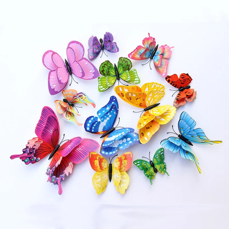 12Pcs Mixed Color Double Layer Butterfly 3D Wall Sticker For Wedding Decoration