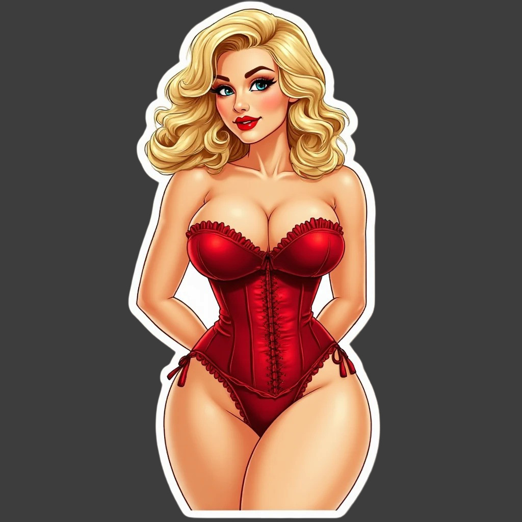 Pinup girl sticker vinyl decal blonde lingerie red corset thick curvy cleavage