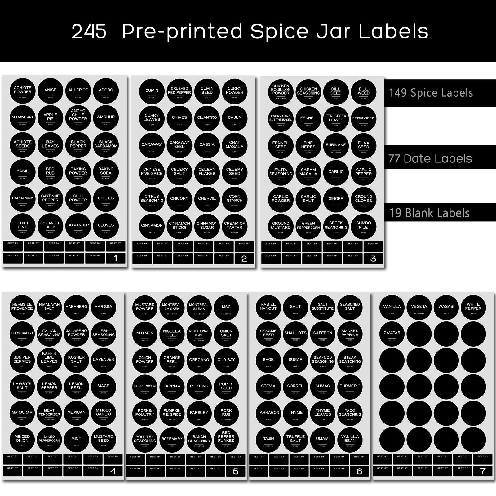245 Spice Jar Labels – Round Preprinted Minimalist Waterproof Stickers for Ki…
