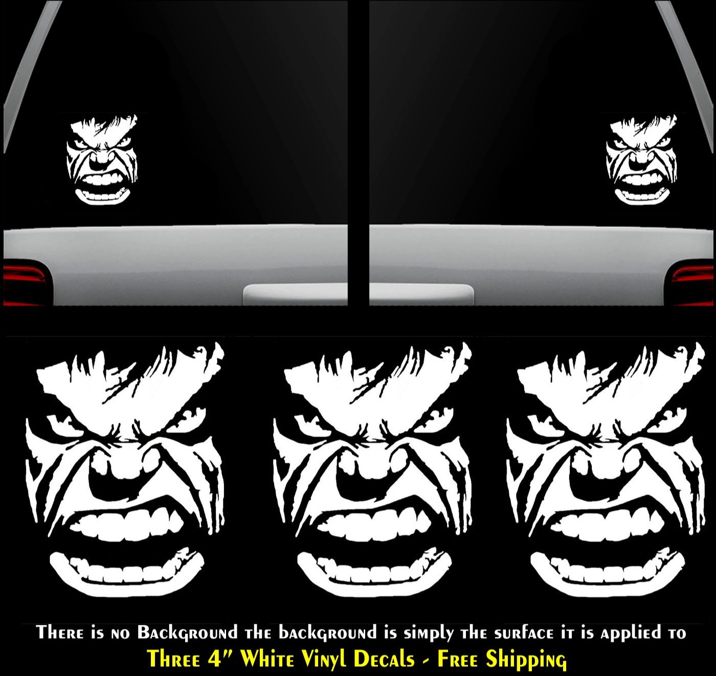Incredible Hulk Growl Stare Three 4″ White Vinyl Decal Car Truck Window