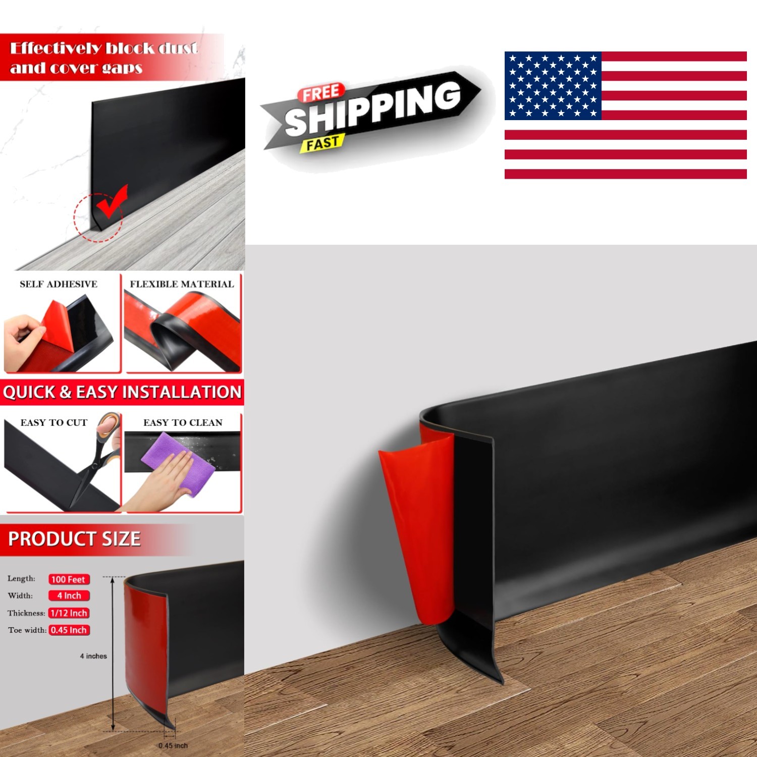 Decorative Vinyl Baseboard 4 Inch x 100 Feet Black Self Adhesive Flexibility