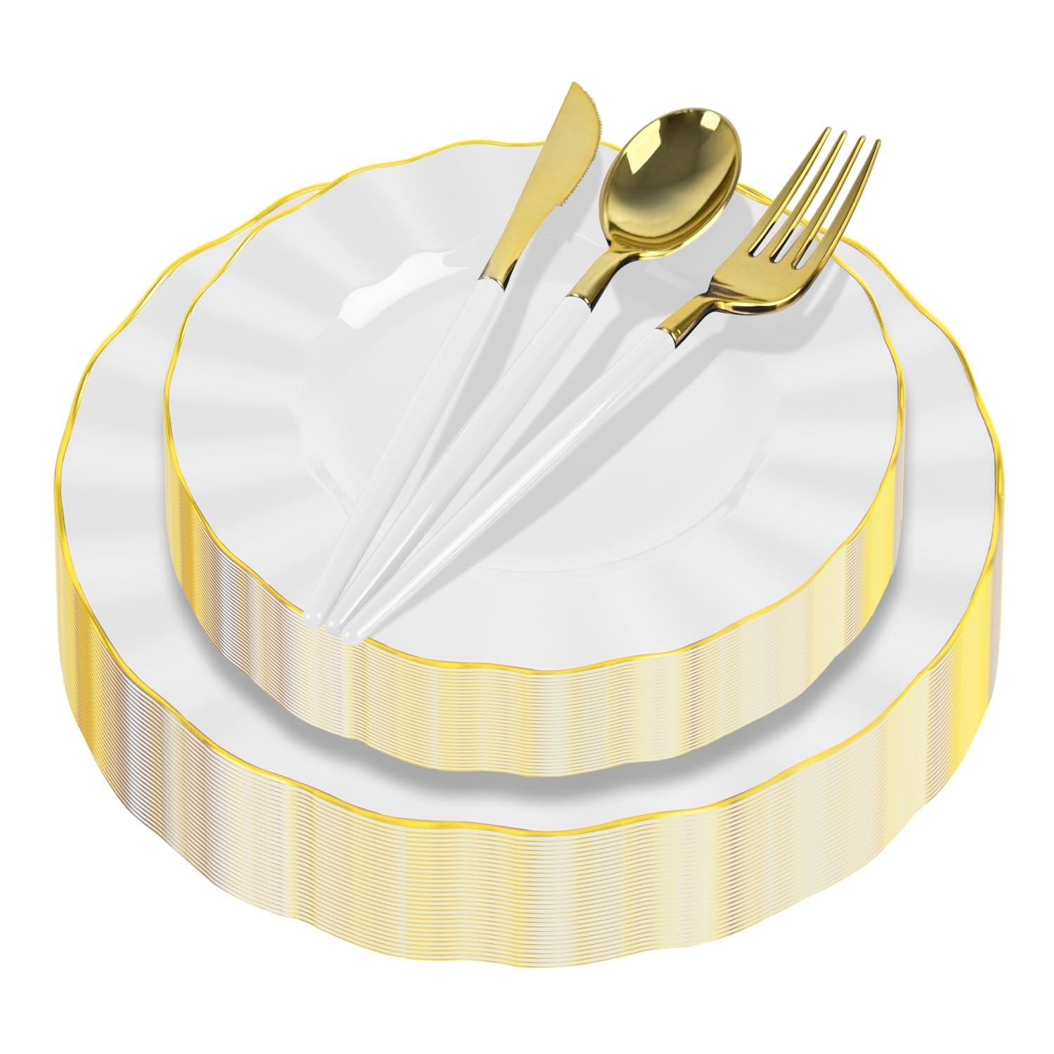150Pcs Plastic Plates with Gold Rim,Heavy Duty White Plates for 30 Guests,Pla…