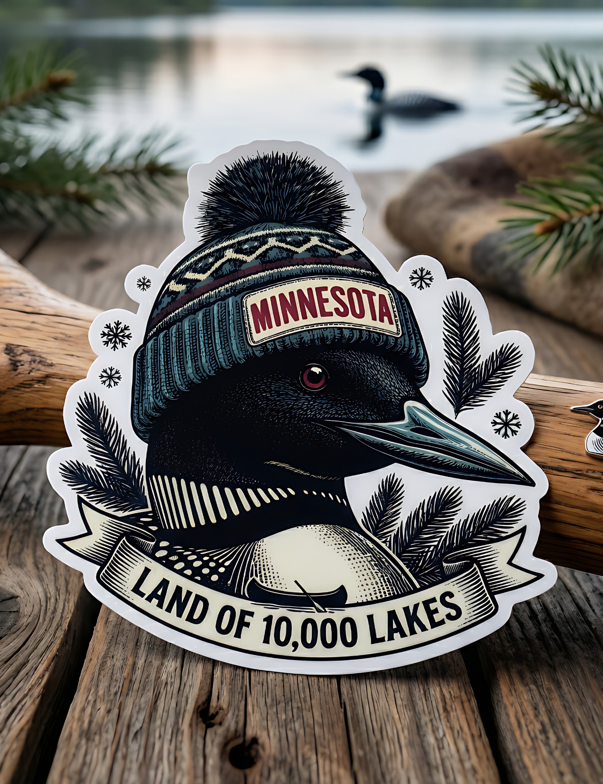 Minnesota Loon Sticker – Winter Beanie, Pine Branch, Land of 10,000 Lakes