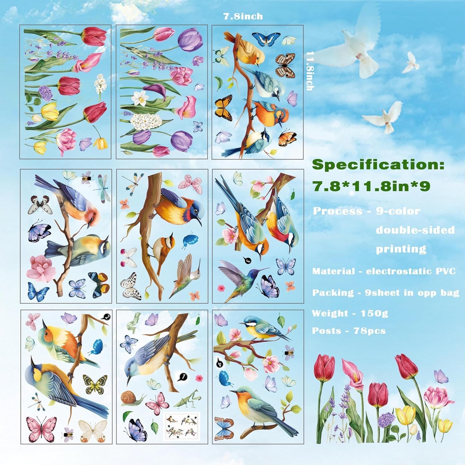 Spring Window Cling Sticker – 78PCS Tulip Butterfly Flower Hummingbirds Windo…