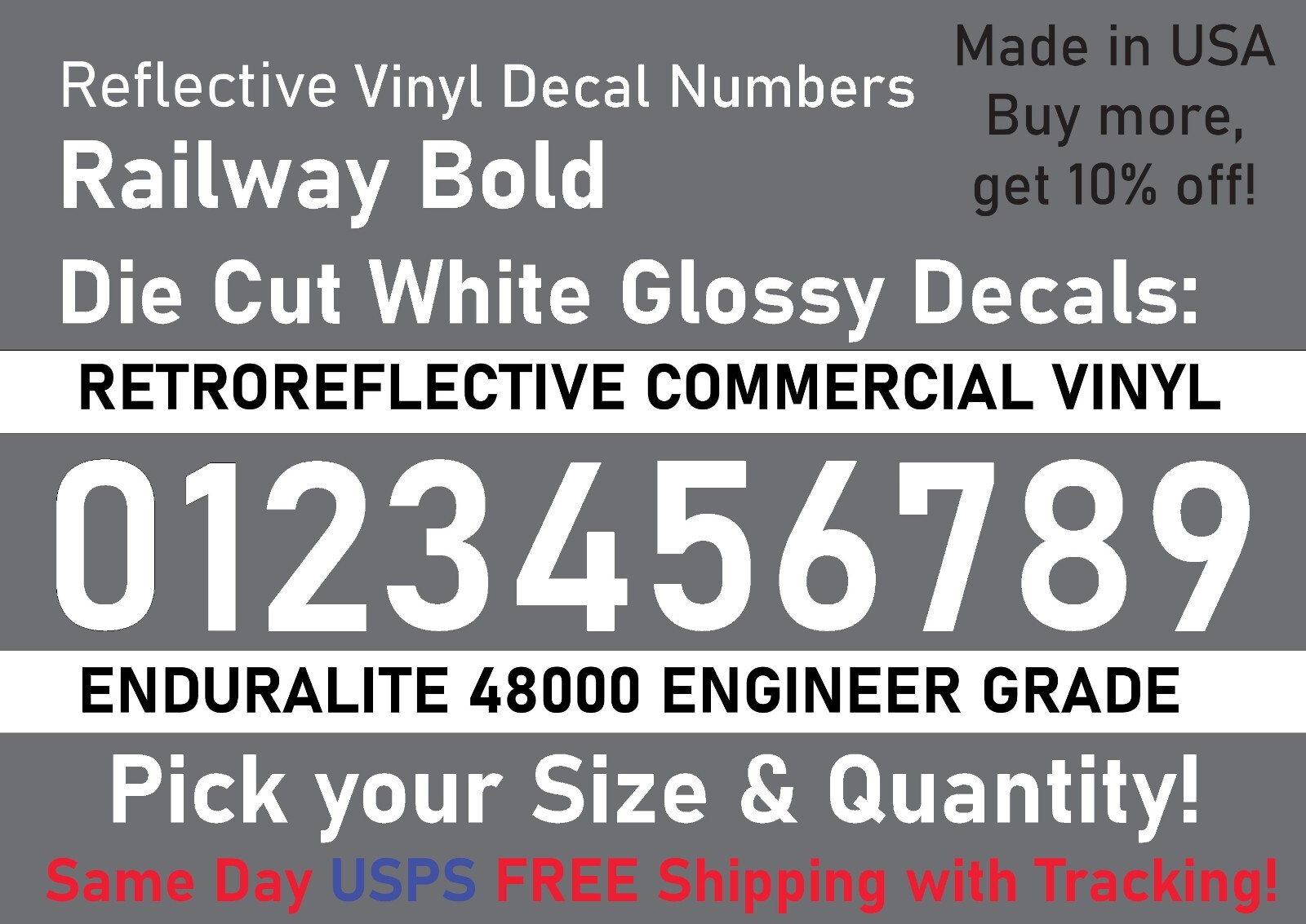 0-10 1″-5″ Your Size Vinyl Reflective Decal Sticker Numbers (White), Made in USA