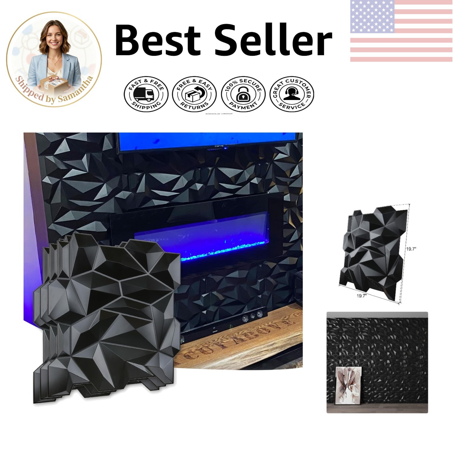 Jagged Matt Black 3D Wall Panels, 12 Pack, 19.7″ x 19.7″ for Modern Interiors