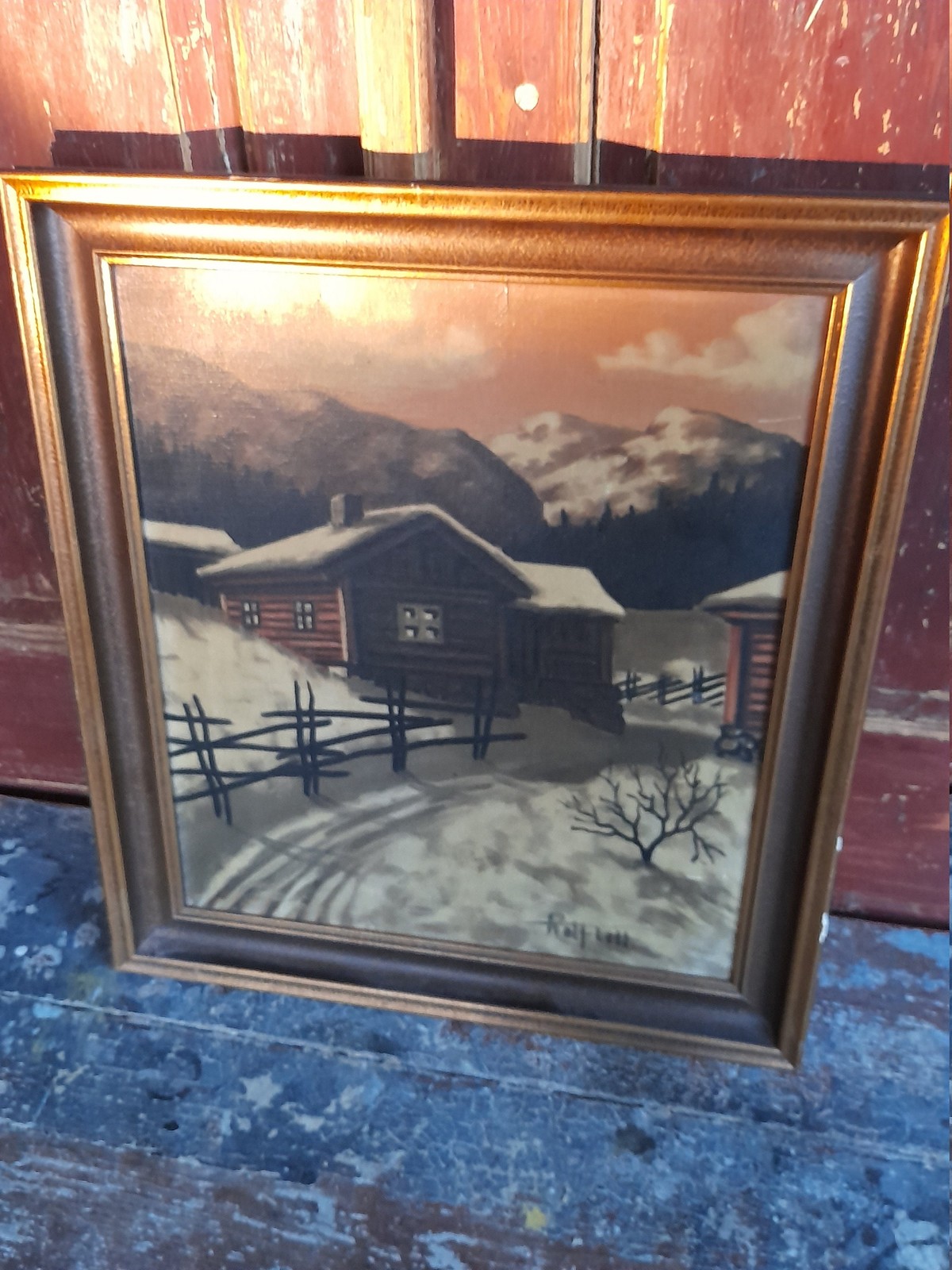 Scandinavian Charm: Vintage Oil Painting of a Norwegian Farmer’s Yard