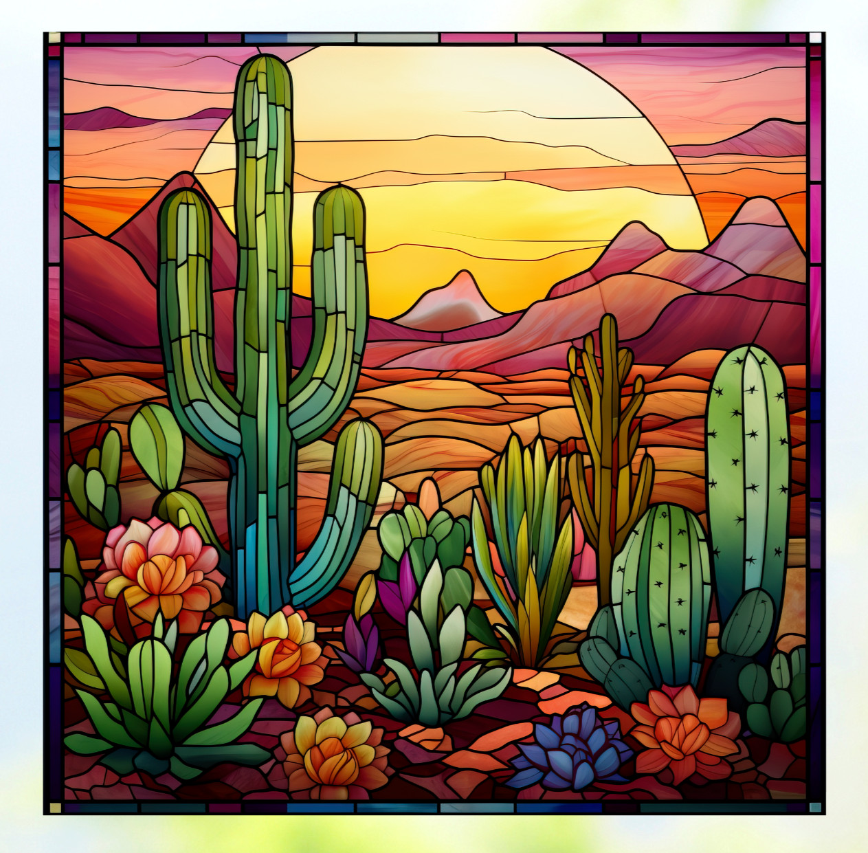 Desert Cactus at Sunrise Faux Stained-Glass WINDOW CLING Size 8″ Square Vinyl