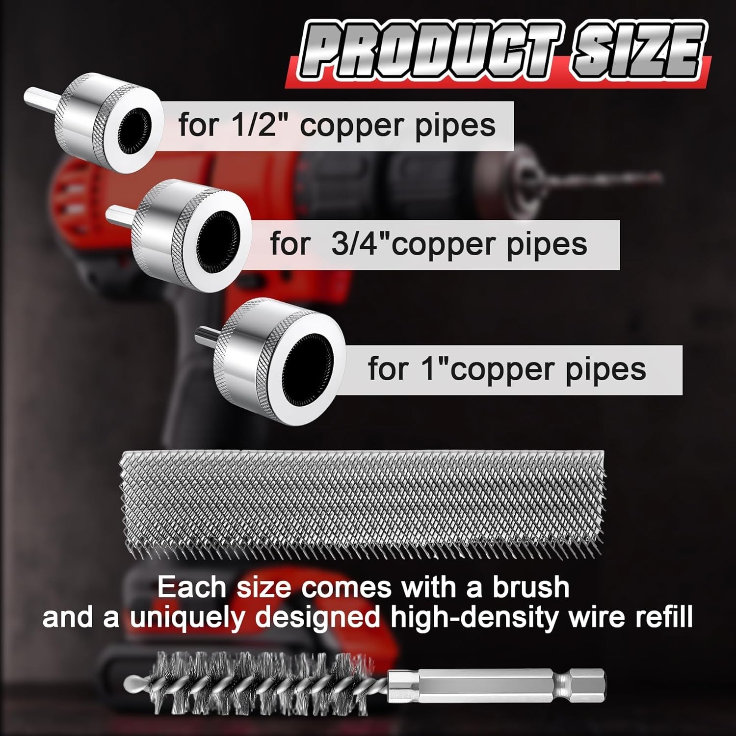 1/2″&3/4″&1″ Copper Pipe Cleaner for Drill with 1/4″ Hex Shank & Brush Blades &
