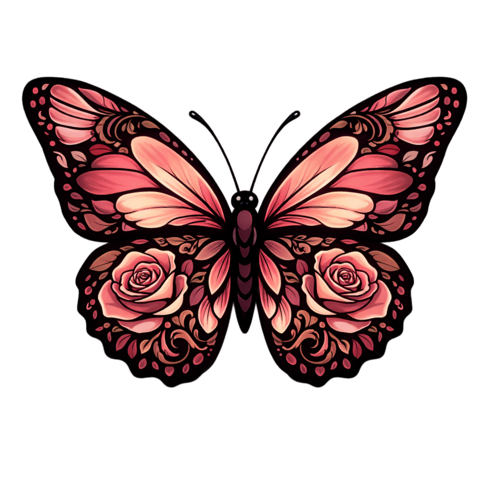 Pink Rose Butterfly Sticker Romantic Floral Butterfly Vinyl Decal Art