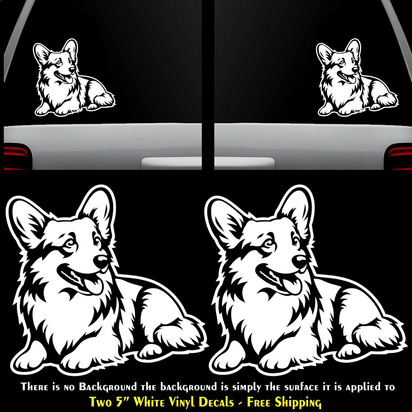 Two Pack Corgi 5″ White Vinyl Decals Car Truck Windows Laptop Tablet Mailbox
