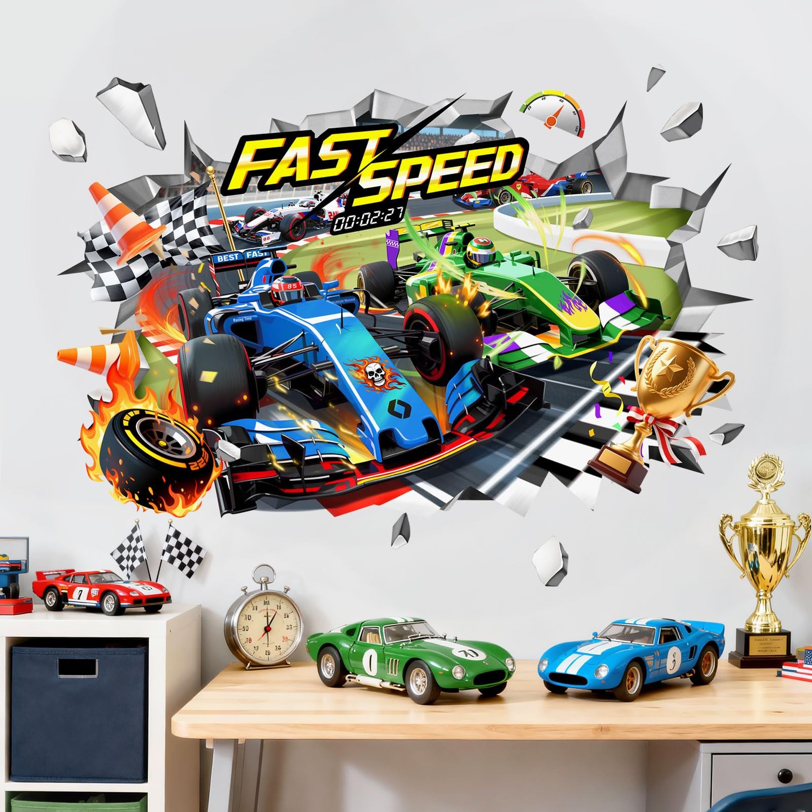 3D Racing Car Wall Decals – Speeding Race Car Break Through Wall Stickers for…
