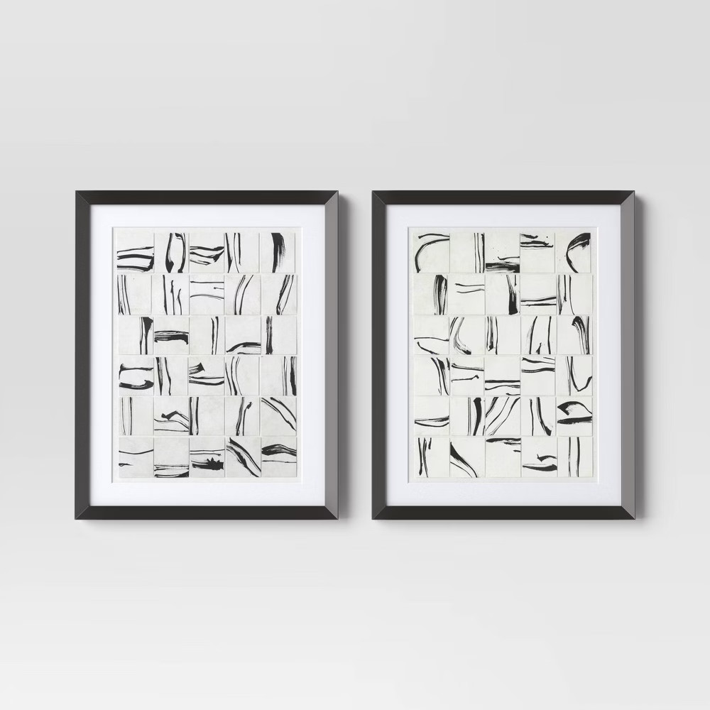 (Set of 2) 16″x20″ Patterned Lines Abstract Framed Arts Black – Threshold