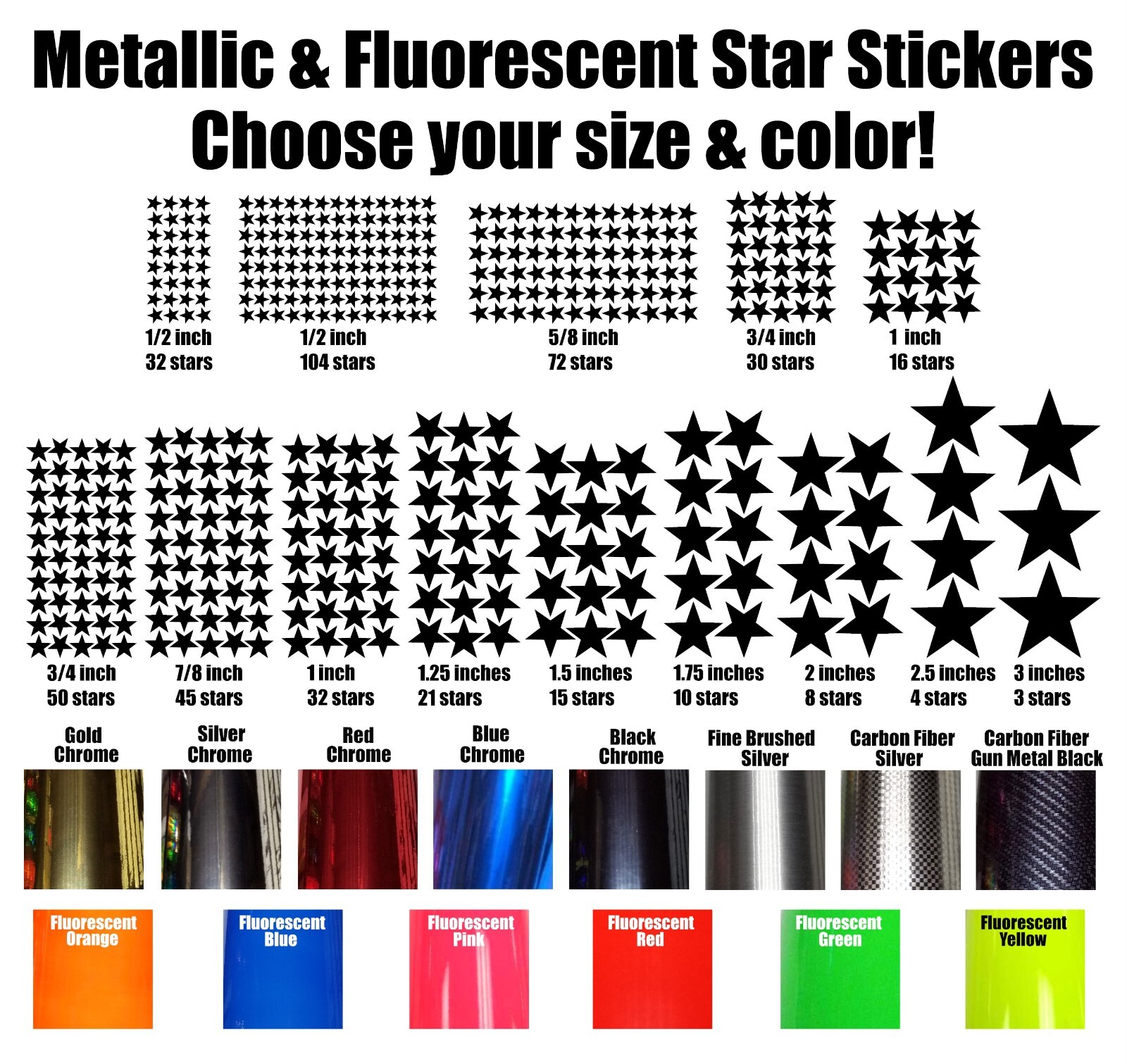 Star stickers! Pick your size and color! Fluorescent & Metallic Colors, 1/2″-3″