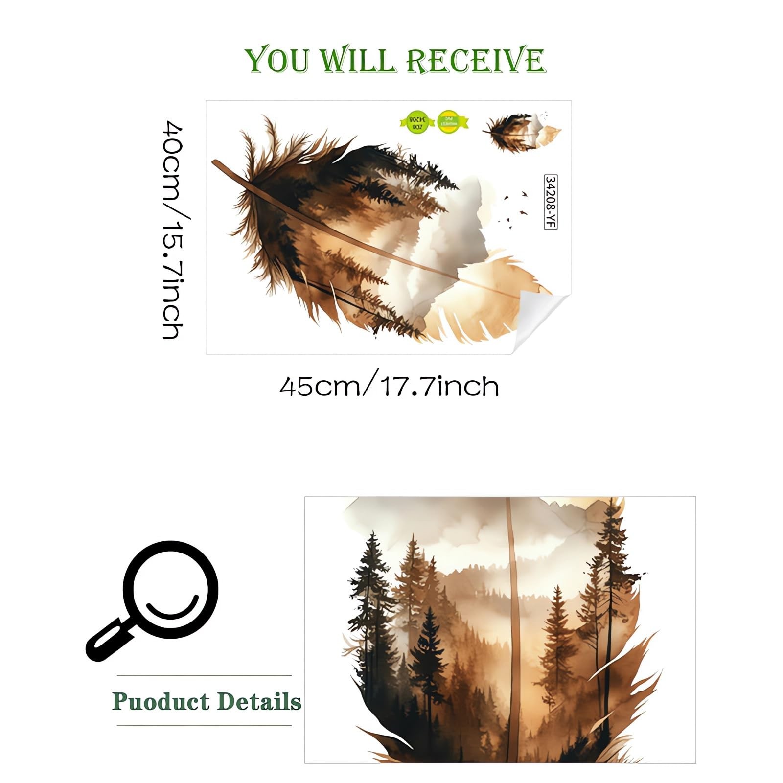 Brown Mountain Forest Feather Wall Stickers, Plume Tree Nature Art Wall Decal…