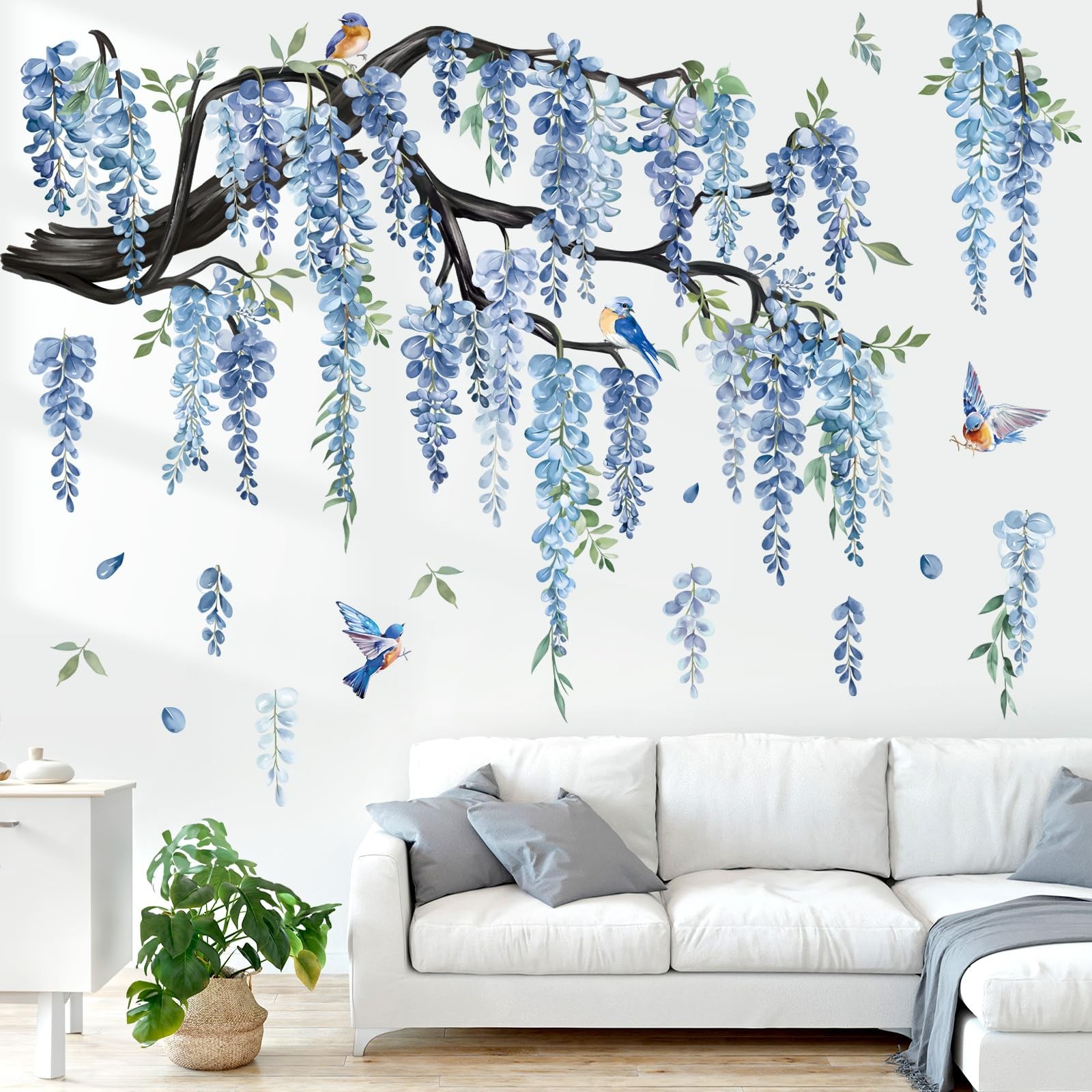 Large Flower Tree Branch Wall Decals Blue Hanging Vine Floral Wall Stickers B…